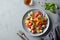 Tuscan Panzanella with tomatoes and bread. Top view.