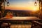 Tuscan retreat Rustic wooden board, balcony, and vibrant sunset backdrop