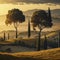 Tuscan rolling hills with cypresses and oak trees, photorealistic illustration