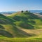 Tuscan summer on the fields and beautiful view with sun