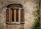 Tuscan window with brown shutters and green vines