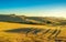 Tuscany countryside panorama, fields and trees on sunset. Italy