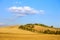 Tuscany, Crete Senesi farmland, cypress tree road, green fields. Italy.