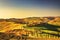 Tuscany, Crete Senesi rural sunset landscape. Countryside farm,