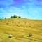 Tuscany, farmland on hill top, hay rolls and harvested green fields. Val d Orcia, Italy.