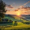 Tuscany has a countryside farm with cypresses trees and a green field.