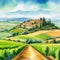 Tuscany italian village on green printable digital watercolor art