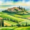 Tuscany italian village on green printable digital watercolor art