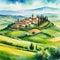 Tuscany italian village on green printable digital watercolor art