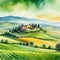 Tuscany italian village on green printable digital watercolor art