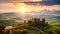 Tuscany landscape with cypresses trees at sunset, Italy, Beautiful sunset on the rolling hills of Tuscany, Italy, AI Generated