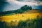 Tuscany landscape with hay bales, hills and meadow, Tuscany, Italy.