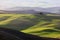 Tuscany landscape at sunrise. Tuscan farm house, vineyard, green hills.