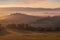 Tuscany landscape at sunrise. Typical for the region tuscan farmhouse, hills, vineyard. Italy Fresh Green tuscany landscape