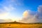 Tuscany, Maremma sunset landscape and thunderstorm cloud. Rural