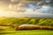 Tuscany misty panorama at sunset, rolling hills, lake, fields, m