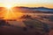 Tuscany, panoramic landscape with famous farmhouse rolling hills