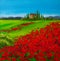 Tuscany red poppy fields, oil painting.