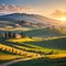 Tuscany, rural landscape in Crete Senesi land. Rolling hills, countryside farm, cypresses trees, green field on warm