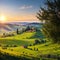 Tuscany, rural sunset landscape. Countryside farm, cypresses trees, green field, sun light and cloud. Volterra, Italy,