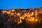 Tuscany, Sorano medieval village blue hour sunset panorama. Ital