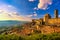 Tuscany, Volterra town skyline, church and panorama view on suns