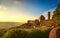 Tuscany, Volterra town skyline, church and panorama view on suns