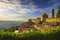 Tuscany, Volterra town skyline, church and panorama view on suns