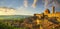 Tuscany, Volterra town skyline, church and panoramic view at sunset. Italy