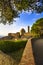 Tuscany, Volterra town skyline, church and trees on sunset. Ital