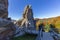 Tustan Fortress, UKRAINE - OCTOBER 10, 2021: `Rock complex - a legendary tourist place.` Tustan `- a natural rock complex, where t