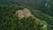 Tustan rocks from above . Tustan castle aerial view fly over. Tustan was a Medieval cliff-side fortress-city and customs site of a