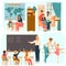 Tutor working with children, teacher in school class, people vector illustration