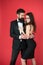 Tuxedo and dress. Formal couple. art experts of bearded man and woman. esthete. Romantic relationship. Couple in love on