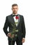 Tuxedo man with rose flower. happy valentine day. special occasion. male formal style of clothing. elegant man in suit