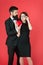 Tuxedo man and woman at formal party. valentines day heart. bearded businessman with lady. sexy couple in love. tuxedo