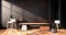 Tv cabinet in loft interior black brick wall room minimal designs, 3d rendering
