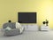 TV on the cabinet - modern living room on yellow wall background - colorful style, 3d rendering