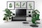 TV on the cabinet in tropical living room on white wall background,3d rendering