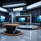 TV or Cable New Live Studio Set Interior, Empty News Or Show Setup, Round With Futuristic Elements and Spot Lights, Led Strips