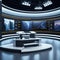 TV or Cable New Live Studio Set Interior, Empty News Or Show Setup, Round With Futuristic Elements and Spot Lights, Led Strips