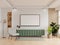 TV on green cabinet have white plaster wall in living room with armchair,minimal design