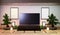 TV Japan - Smart TV on low table in room Japanese style with lamp and bonsai tree. 3D rendering