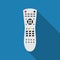 TV remote control device on blue background. Television technology channel surfing equipment with buttons icon. Distance