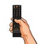 TV remote control in hand. Television, video, film, movie concept. Cartoon vector illustration