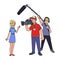 TV report, shooting news . A female reporter, cameraman and sound engineer. Cartoon vector illustration isolated on