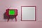 TV room. Vintage television on a pink background. Front view, copy space. 3d rendering