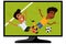 TV set showing cartoon football player tackling opponent on football field