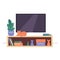 TV and a shelf with flowers, books, vases, and a cat. Living room in a flat style. Vector illustration