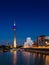 TV Tower and Gehry buildings at blue hour at Düsseldorf Medienhafen